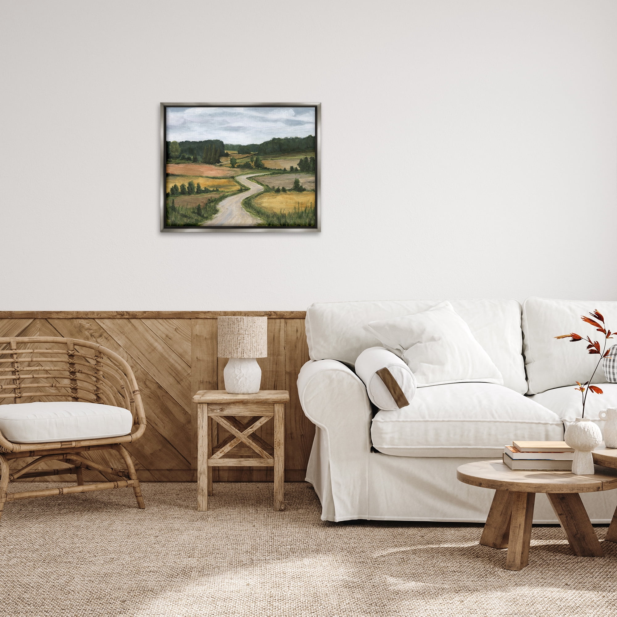 Stupell Industries Waning Rural Rode Landscape Painting Gray Floater Framed Canvas Art Print Wall Art, 31 x 25