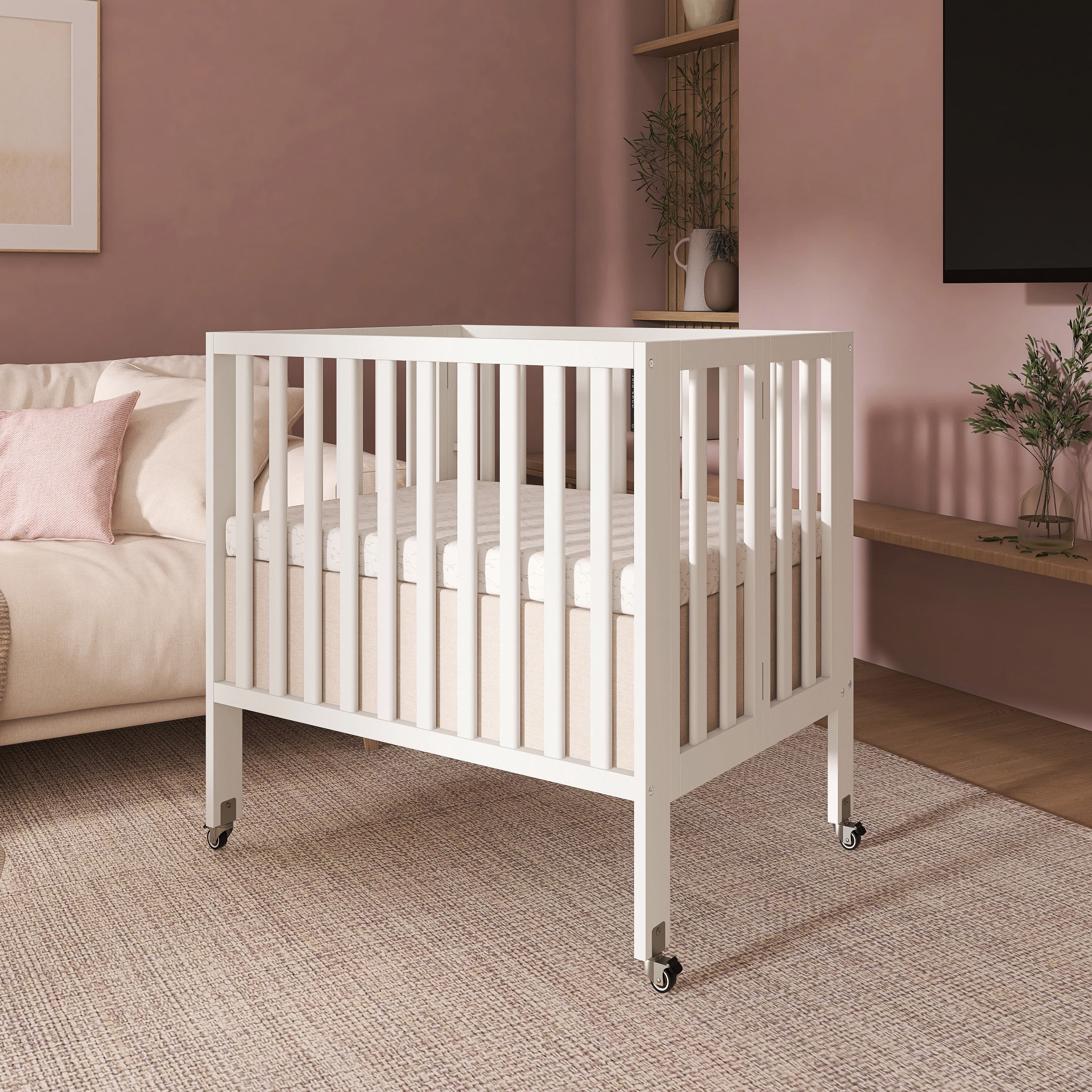 Dream On Me Jett Non-Full Size Folding Crib, Removable Wheels, Modern Nursey, Adjustable Mattress Support, Patent Folding System, Included 1.5” Mattress, Cannoli cream