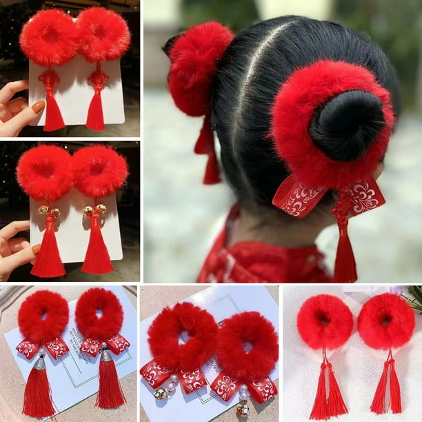 1 Pair Girls Hair Bands Chinese Knot Bells Ribbon Tassels Fuzzy