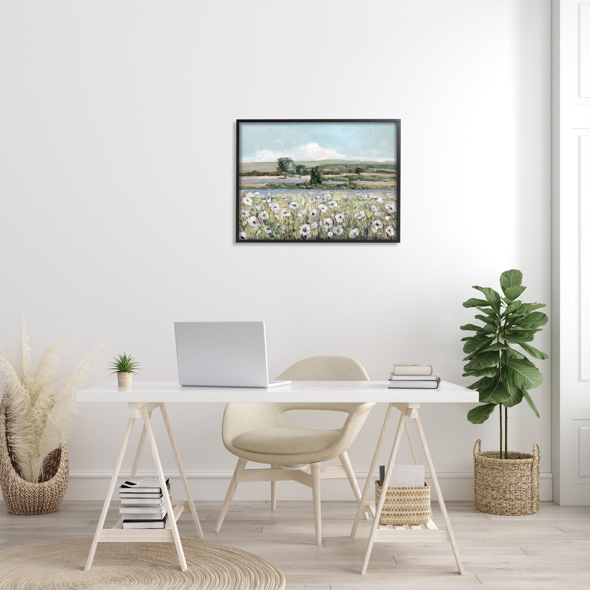 Stupell Industries Rural Flower Meadow Countryside Flowing Streams View Painting Black Framed Art Print Wall Art, Design by Sally Swatland