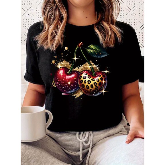 Women's TShirt Matching Fashion Cherry Print Casual Round Neck Short Sleeve Tops