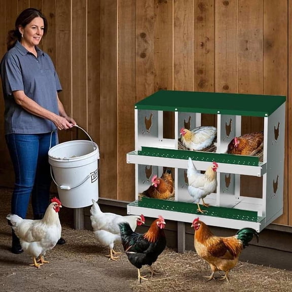 EastVita Chicken Nesting Box 6 Compartments Laying Boxes, Metal Chicken Egg Laying Box with Rollout Egg Collection, Large Vented Holes Chicken Coop for Chickens, Hens (Green)