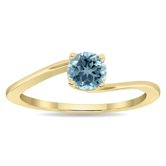 SZUL Women's Round Shaped Solitaire Aquamarine Wave Ring in 10K Yellow Gold