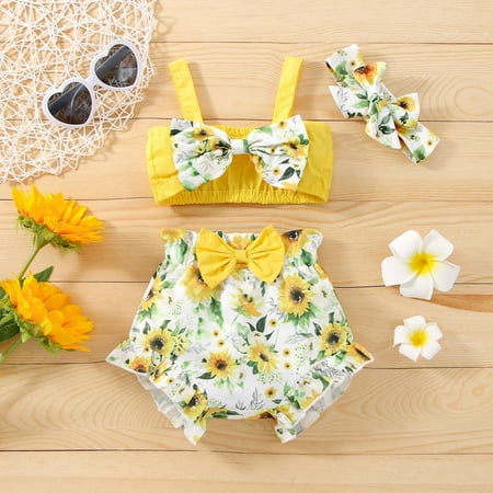 

Wiueurtly Girls Sleeveless Bowknot Vest Tops And Sunflower Floral Prints Shorts Headbands Outfits Outfits Mom