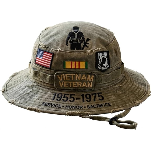 Vietnam Veteran Tribute Boonie Hat - Premium Embroidered Patriotic Military Bucket Hat - Tactical Outdoor Sun Cap for Fishing, Hiking - Veterans Day Gift for Men