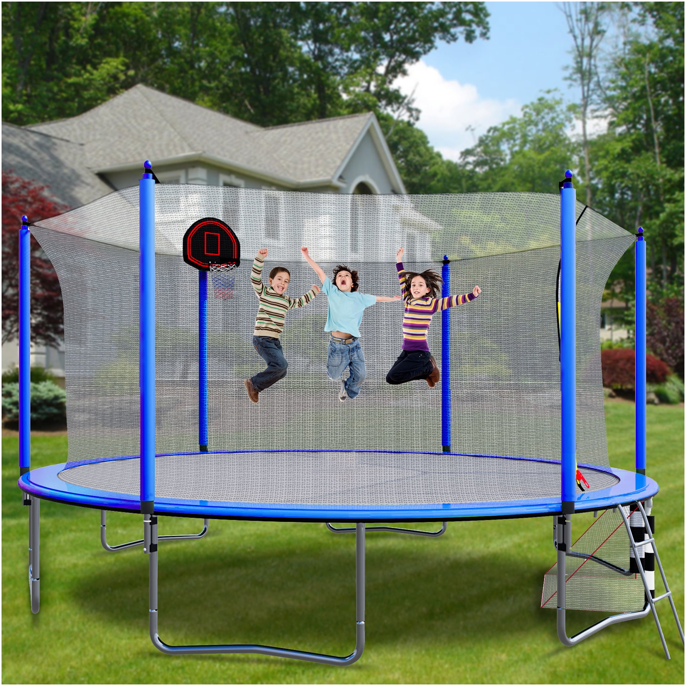 JERFIT 16FT Trampoline with Enclosure Net, Basketball Hoop, Soccer Goal, Ladder & Pump - All-in-One Outdoor Play Center for Kids, Blue