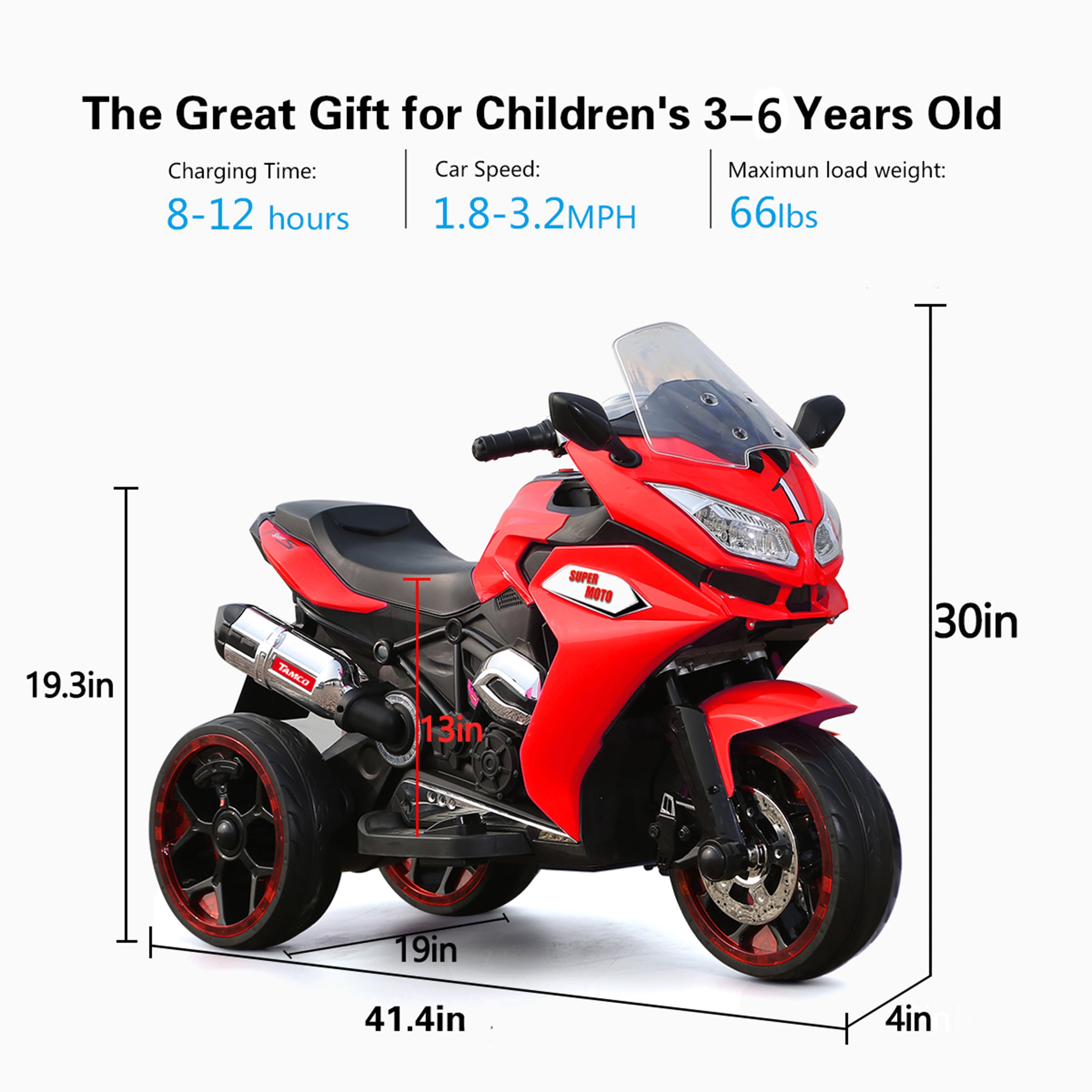 Kids Electric Motorbike 12V Battery Powered with LED Lights, Music for Ages 3-6