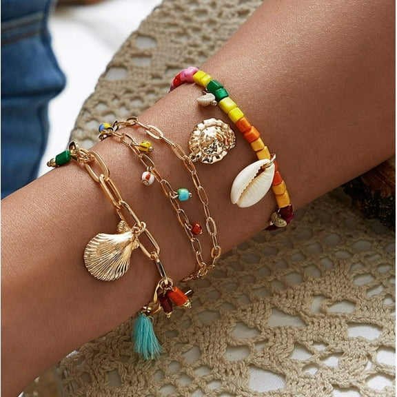 Goldtone Multi Colored Beaded Bracelet Shell And Tassel Set