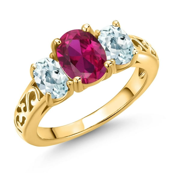 Gem Stone King 18K Yellow Gold Plated Silver Red Created Ruby and Sky Blue Aquamarine Filigree Style 3 Stone Ring for Women (2.35 Cttw, Oval 8X6MM and 6X4MM) (Size 6)