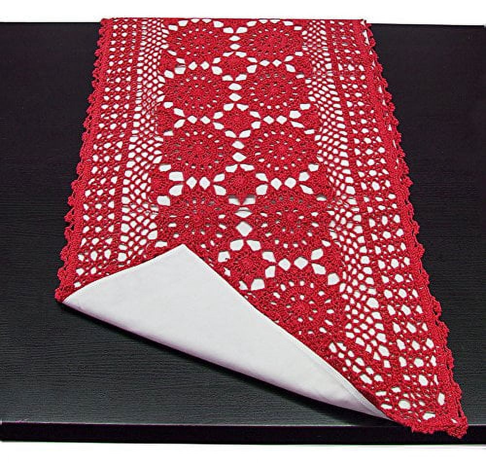 Fennco Styles Handmade Crochet Lace Cotton Rectangular Table Runner (16"x72", Red)