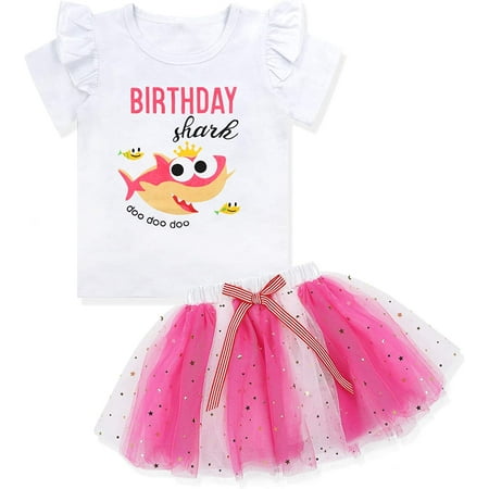 

Baby Girls Birthday Shark and Doo Doo Doo Romper + Tutu Dress 2nd Birthday Outfit Set 2T