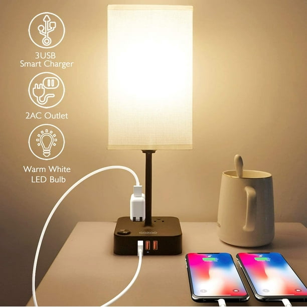 Lampe de chevet Blanche et Bois avec 2 ports de charge USB, Lampe de table  E27