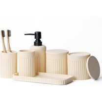 Bathroom Accessory Set - 6 Pieces Bathroom Accessories Set Complete with Soap Dispenser, Toothbrush Holders, Tumbler, Vanity Tray and 2 Qtip Holder for Home Organizer and Decor, Beige