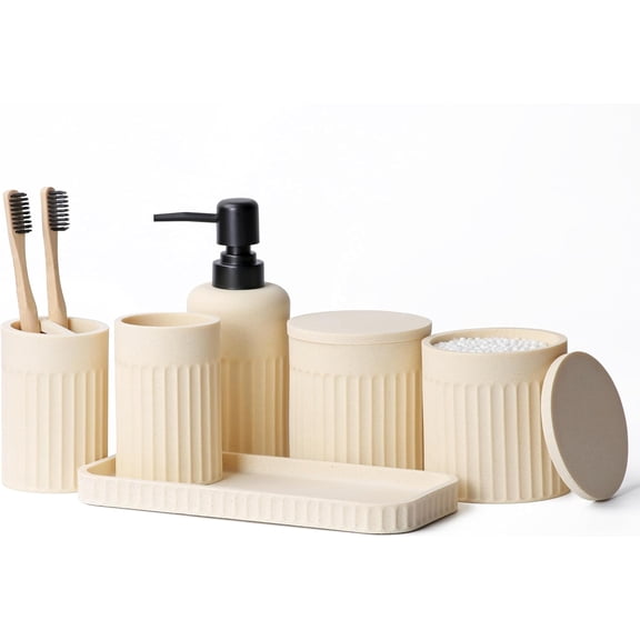 Bathroom Accessory Set - 6 Pieces Bathroom Accessories Set Complete with Soap Dispenser, Toothbrush Holders, Tumbler, Vanity Tray and 2 Qtip Holder for Home Organizer and Decor, Beige