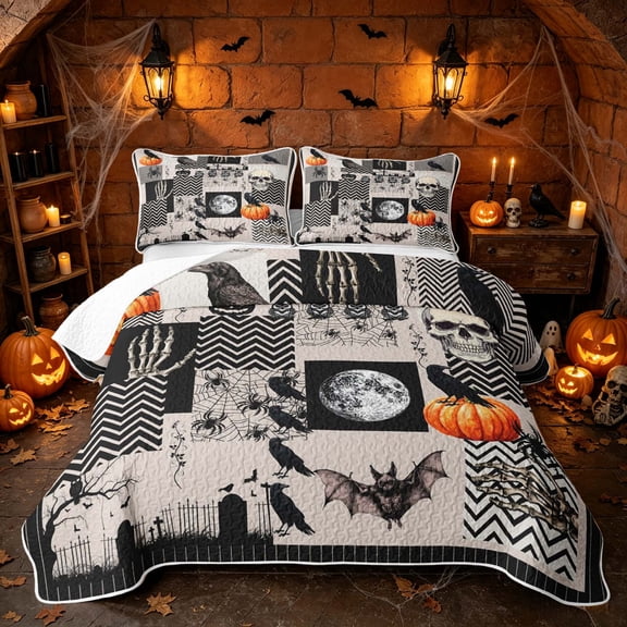 Erosebridal Halloween Raven Crow Twin Quilt Set, Spooky Jack O Lantern Twin Coverlet Set for Boys Girls, Beige Black Orange, 2-Piece 1 Bedspread and 1 Pillowcase