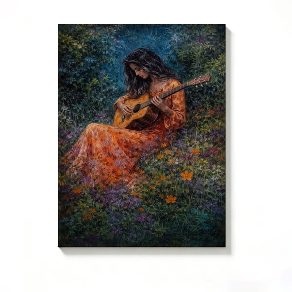 FLASHLUMI 8x12 Inch Serene Woman Playing Guitar in Flower Field Oil Painting Canvas Wall Art, Boho Musical Decor for Living Room Bedroom, No Frame