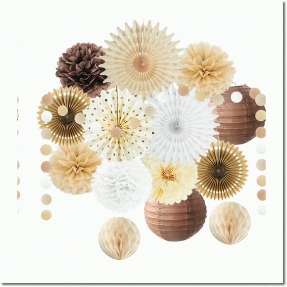 Boho Rustic Celebration Kit: Brown Paper Fans, Cream Tan Pom Poms, Lanterns & Garland - Perfect for Birthday, Baby Shower, Wedding!