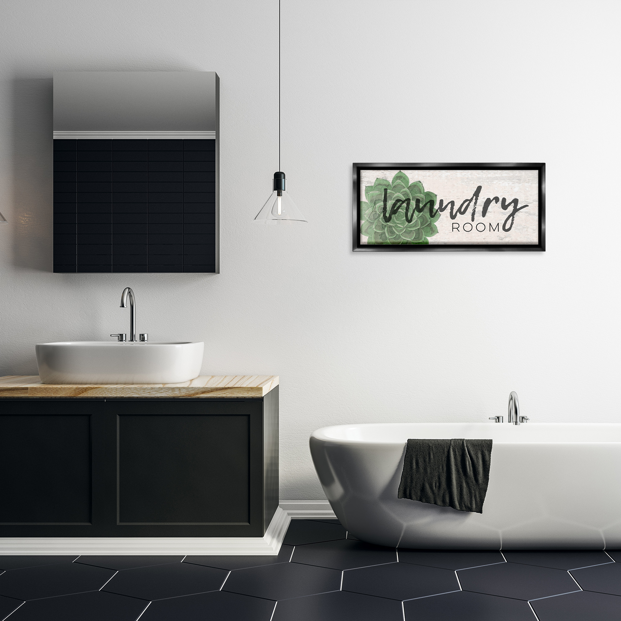 Stupell Industries Laundry Room Green Succulent Botanical & Floral Painting Black Floater Framed Canvas Art Print Wall Art, 31 x 14
