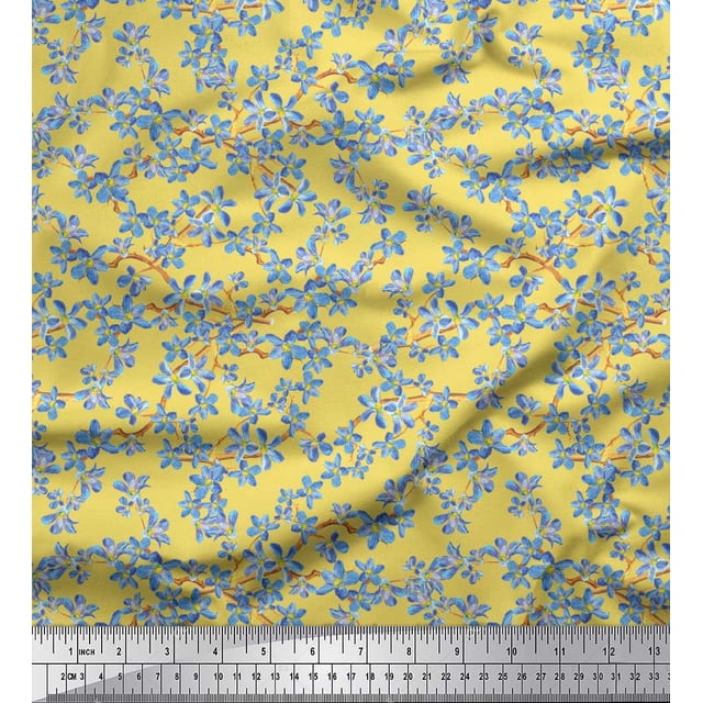 Soimoi Yellow Japan Crepe Satin Fabric Forget Me Not Bush Floral Printed Craft Fabric 1 Yard 44 Inch Wide