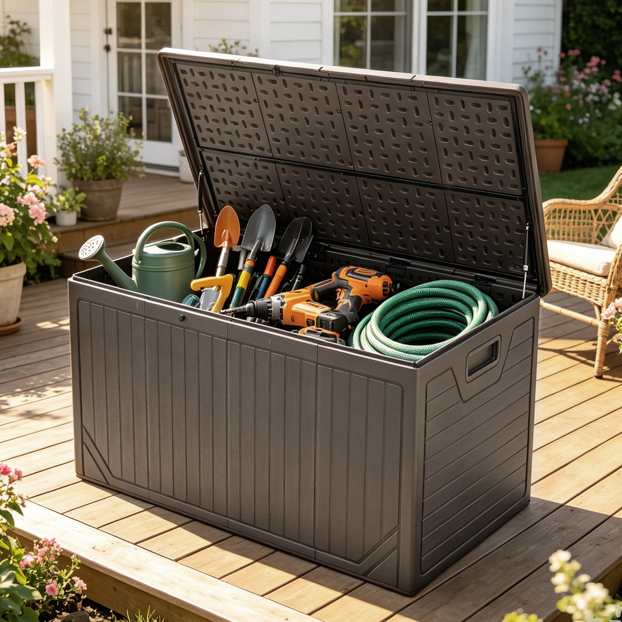 Uforic 300 Gallon Extra Large Outdoor Deck Box, Double-Wall Waterproof Lockable Resin Storage Box, Multipurpose Patio Storage Bin for Garden Tools Pool Supplies, Brown