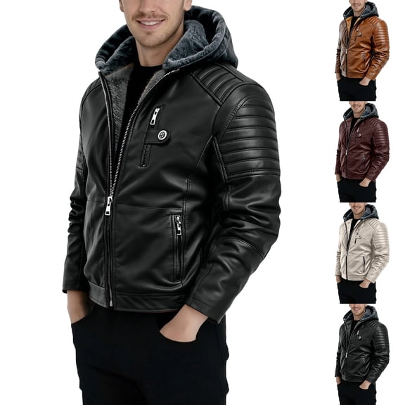 Men's Casual Fashion Solid Color Leather Jacket with Zipper Hood for Urban Wear, Winter Events, and Christmas Gatherings,Black,L