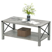 Z-Star 41" Farmhouse Coffee Table, Wood 2-Tier Rectangle Table, Stone Gray