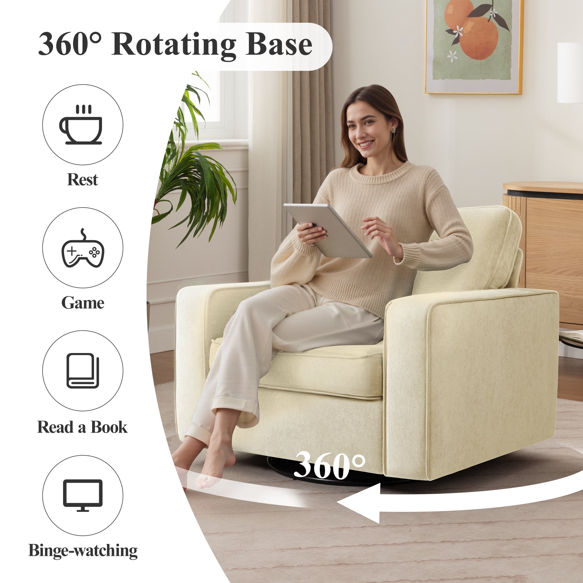 COOLHUT 360° Swivel Accent Chair Set of 2, 36.2" Wide Accent Chair Armchair, Comfy Upholstered Single Sofa Chair for Living Room and Bedroom, Biege