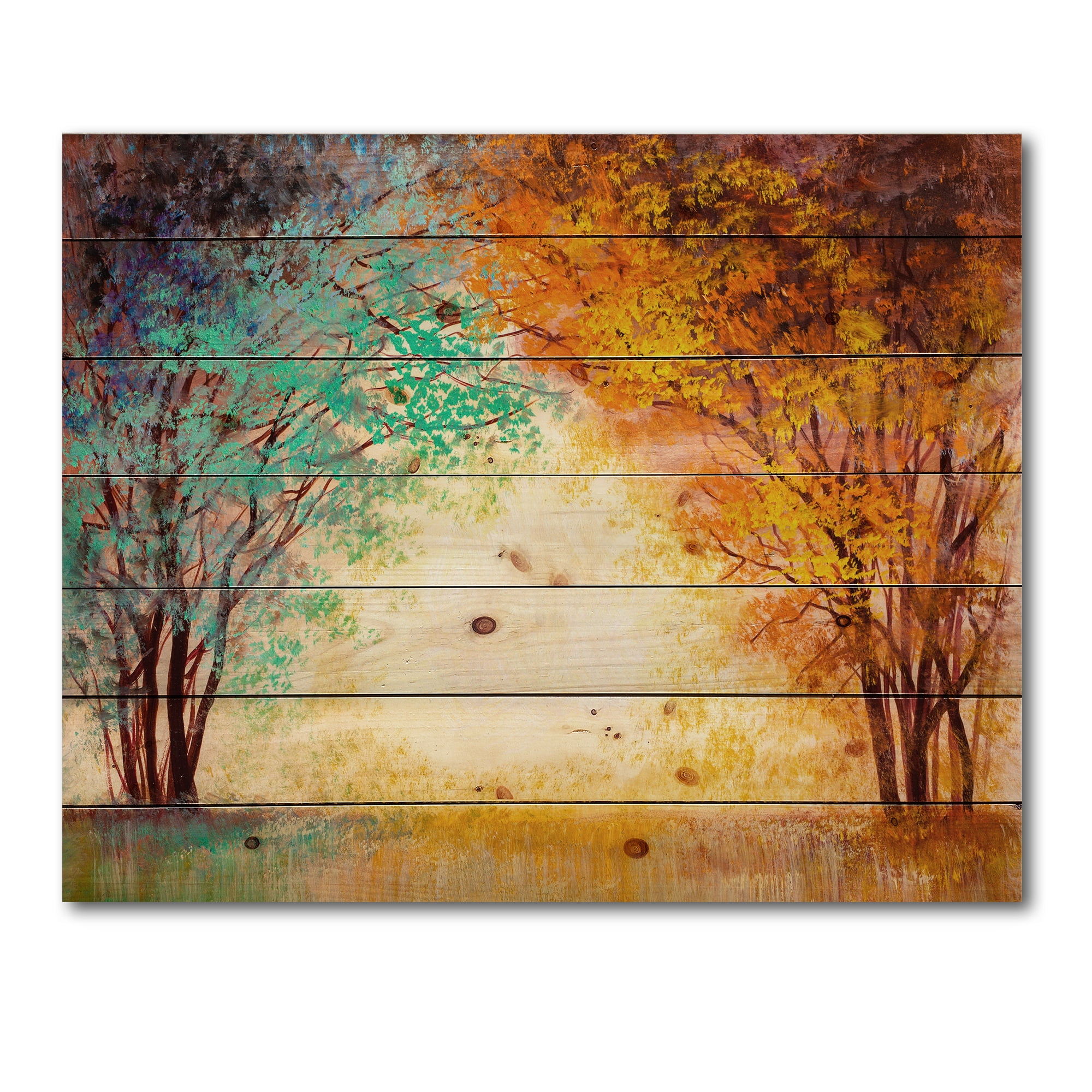 Designart 'Alley Through The Turquise Park In Autumn Sunset ' Traditional Print on Natural Pine Wood