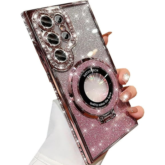 for Samsung Galaxy S25 Ultra Glitter Magnetic Kickstand Case,[Compatible with MagSafe] Cute Bling Sparkly Rhinestones with Camera Protector Soft TPU Women Girls Case for Galaxy S25 Ultra,Pink
