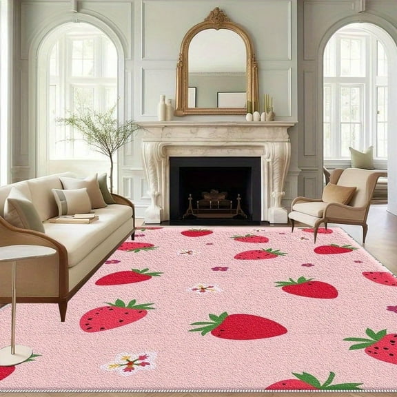 1PC Strawberry-Patterned Area Carpet Local Carpet, Lightweight Washable Easy-to-Manage Carpet Mat Festival Gift, Suitable for Bedroom, Living Room, Dining Room, Office, Balcony, Room Accessories