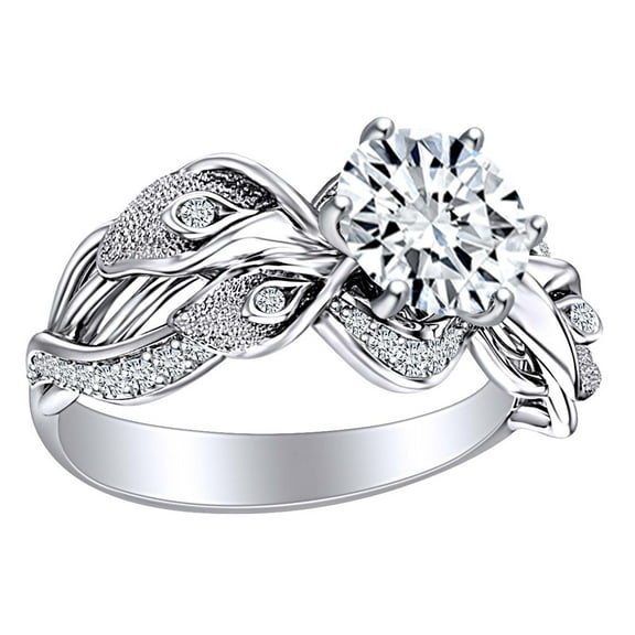 AFFY 1.2 Carat Round Shape Moissanite & Natural Diamond Lily Flower Engagement Ring 14K Solid White Gold Ring Size-5