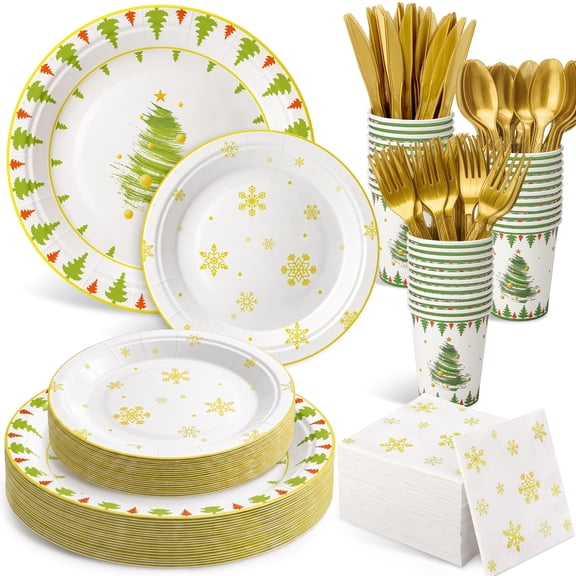 Treamon 175 Pcs Christmas Paper Plates Set, 7 Inch & 9 Inch Disposable Plates With Cups Napkins Knife Fork Spoon, Gold Christmas Party Supplies Serves 25 Guests
