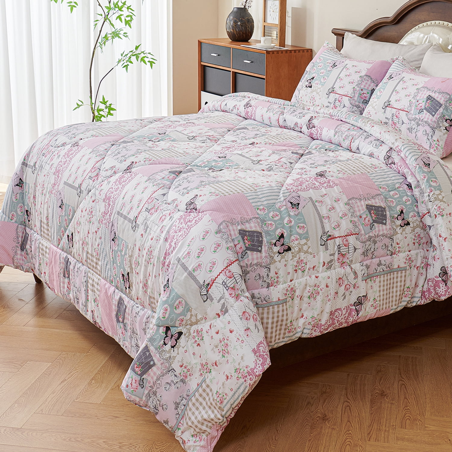 Evenhug Comforter 3-Piece Queen Purple Patchwork Floral Comforter Set With Pillowcases