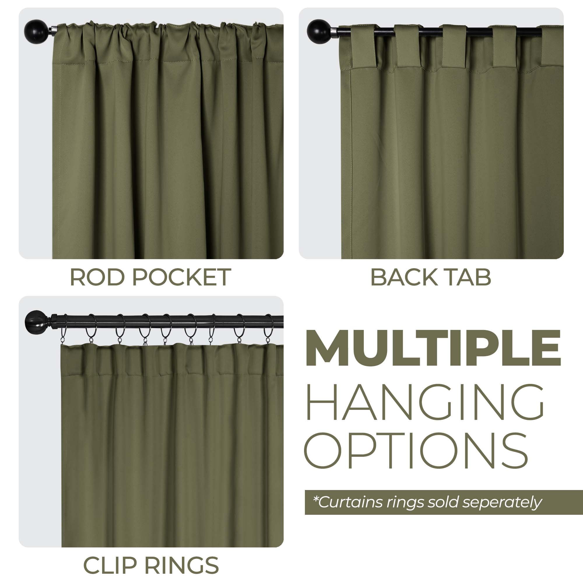 Superior Blackout Solid Light Filtering Back Tab Curtain Panel Set, 52" x 84", Olive Green