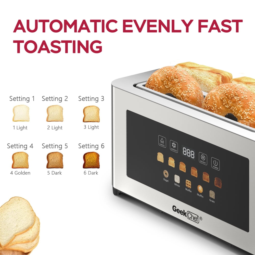 4-Slice Toaster with Extra-Wide Entrance - Stainless Steel Surface, LED Display Touch Panel, Automatic Shut-Off & Anti-Jam, Easy Clean & Cord Storage for Family
