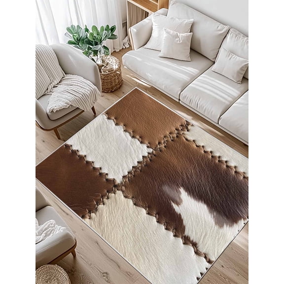 Cow Cowhide Area Rug for Bedroom 5x7 Ft Abstract Brown Seam Leather Super Soft fuzzy Throw Rug Non-Slip Fluffy Plush Indoor Floor Carpet for Living Room Nursery Home Decor