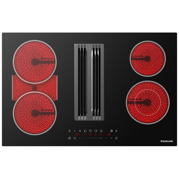 GASLAND Electric Cooktop with Downdraft Vent 31.5 Inch, 4 Burners Glass Radiant Stovetop 220V, 3-speed Max. 330 CFM Downdraft Exhaust