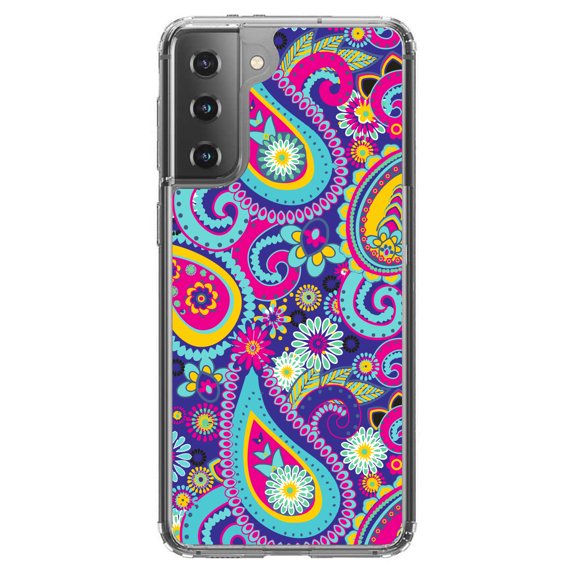 DistinctInk Clear Shockproof Hybrid Case for Galaxy S21 5G (6.2" Screen) - TPU Bumper, Acrylic Back, Tempered Glass Screen Protector - Hot Blue Yellow Pink Paisley