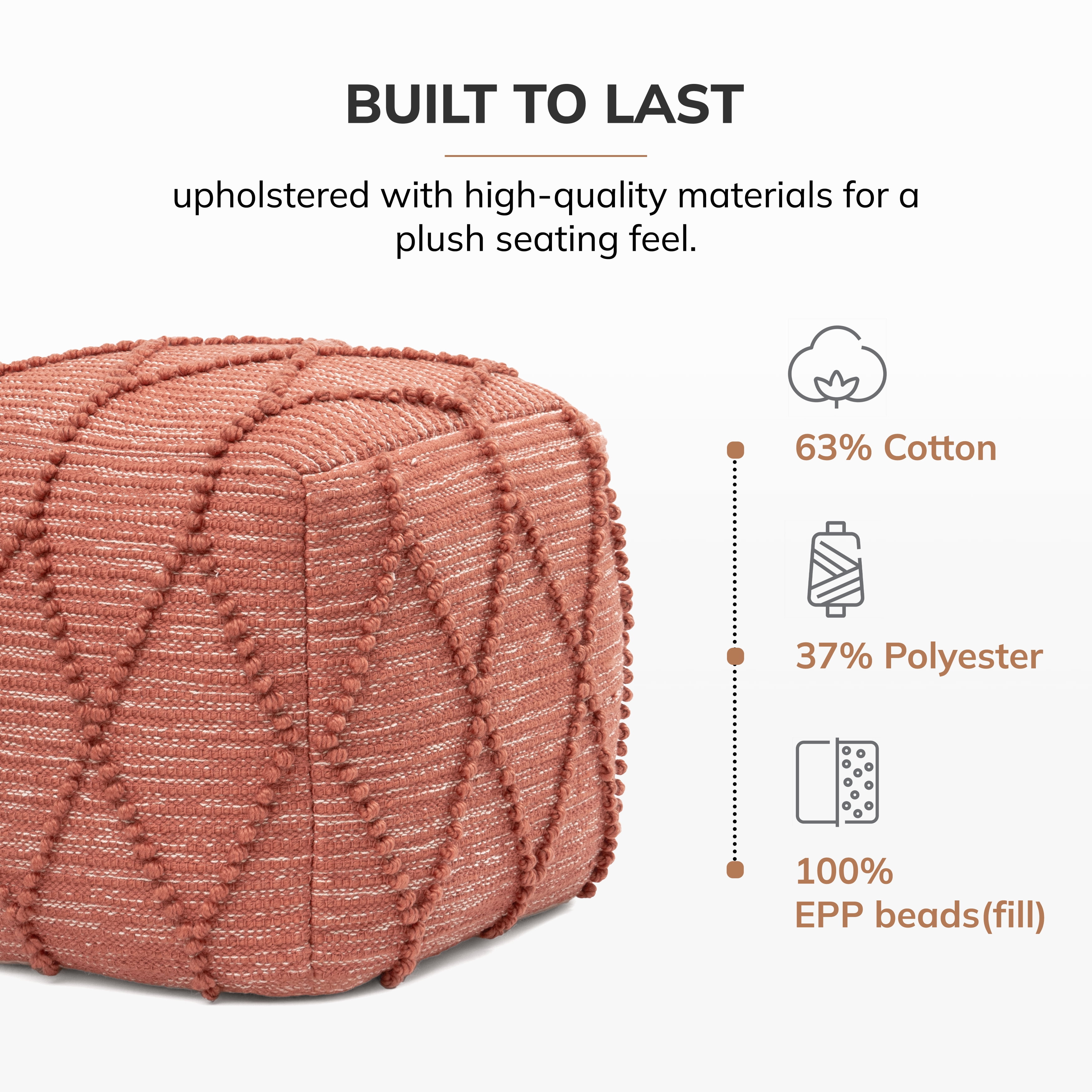 Anji Mountain Pouf Ottoman Foot Rest, Handmade Ottoman Pouf, Comfortable Foot Stool, Decorative Floor Seating for Living Room Decor, Bedroom & Home Décor Accent - Terracotta