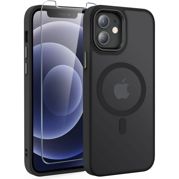 Case Designed for iPhone 12/12 Pro, Translucent Magnetic Phone Case for Women Men [Compatible with Magsafe] Slim Anti-Fingerprints Shockproof Protective Cover with Screen Protector-Black