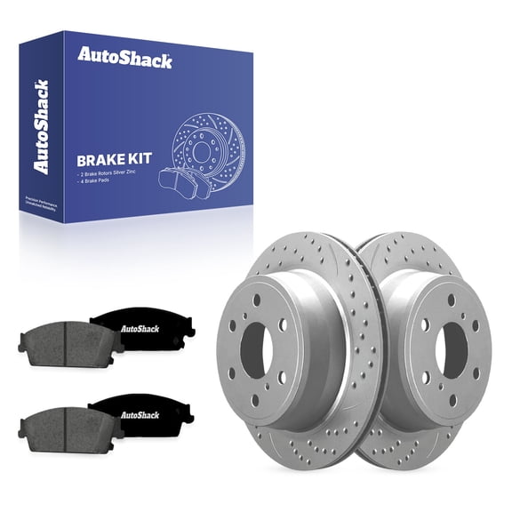 AutoShack Rear Vented Drilled & Slotted Silver Zinc Coated Brake Rotors   Ceramic Pads 6-PC Brake Kit Replacement for 2007-2013 Chevrolet Silverado 1500 SilverShield Pro 13.57" (344.7 mm)