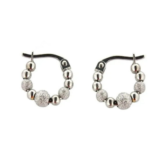 18K Solid White Gold Polished and Diamond Cut Beads Hoop Earrings  11mm