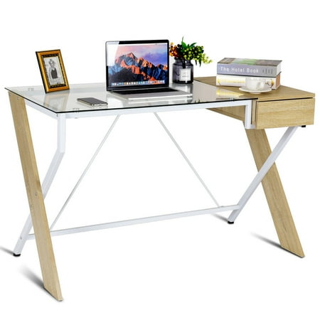 Clear Glass Top Computer Desk Wood Metal Frame W Drawer Home