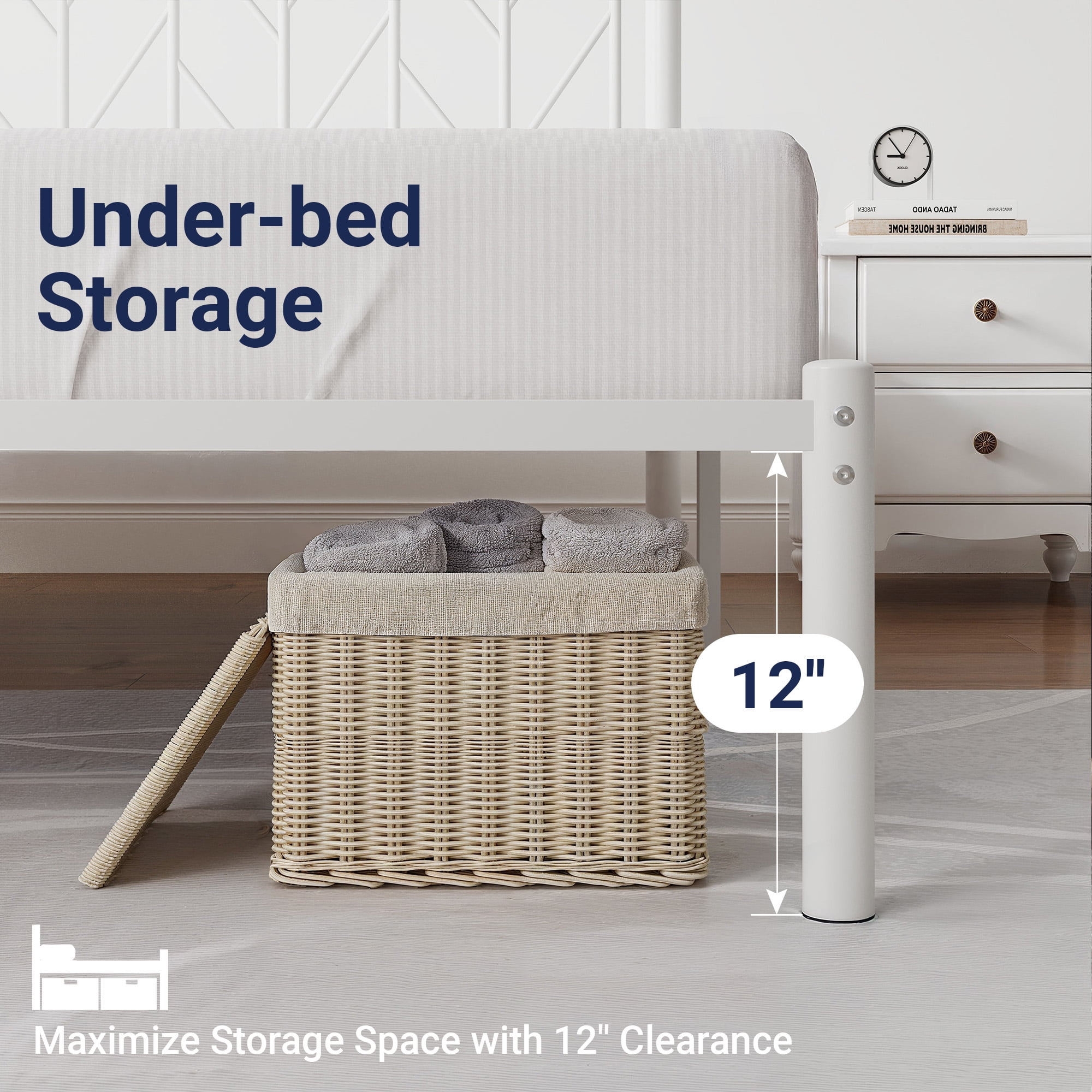 Allewie White Queen Size Modern Metal Platform Bed Frame with Vintage Headboard and 12" Under-bed Storage