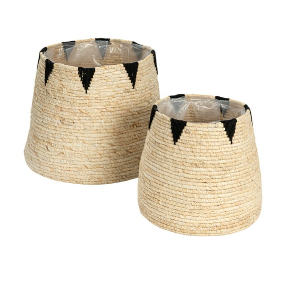Household Essentials Round Handwoven Corn Leaf Basket Set of 2 with Plastic Liner, Natural with Black Accents