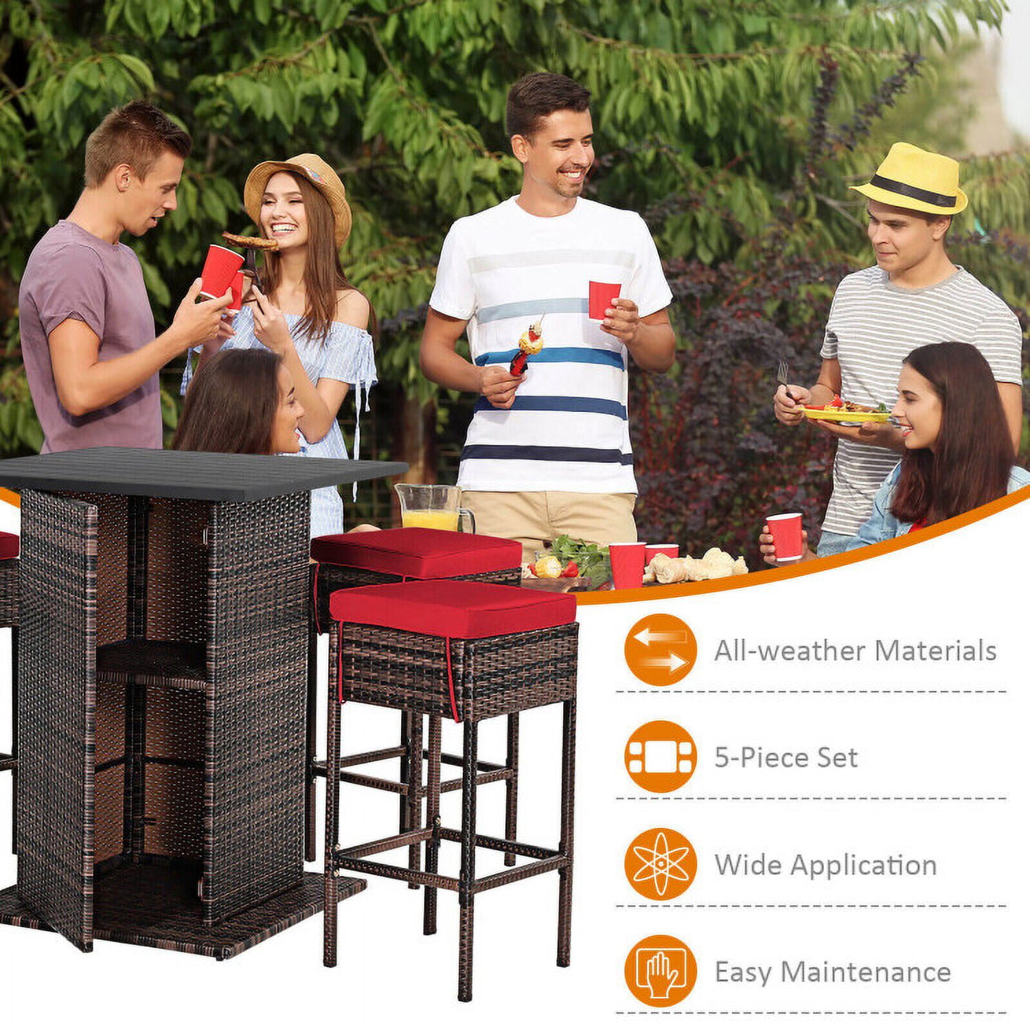 Aimee Lii 5 Pieces Patio Rattan Bar Table Stool Set Hidden Storage Shelf Cushioned, Outdoor Patio Furniture, Red
