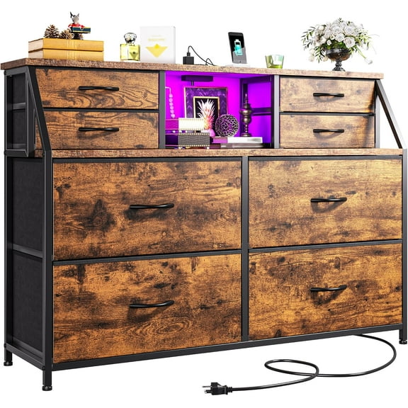 Dresser for Bedroom with Charging Station and LED, Sturdy Chest of Drawers with 8 Drawers and Two Open Shelves for Storage,Bedroom, Living Room,Hallway (Rustic Brown)