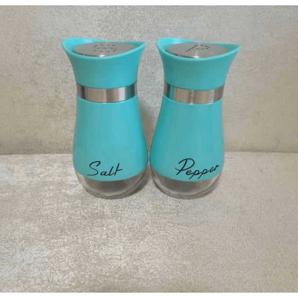 Salero y pimentero azules, sin condimentar en exceso con orificios de vertido ajustables para condimentar las comidas a la perfección, diseño de granja muy bonito, saleros y pimenteros rellenables