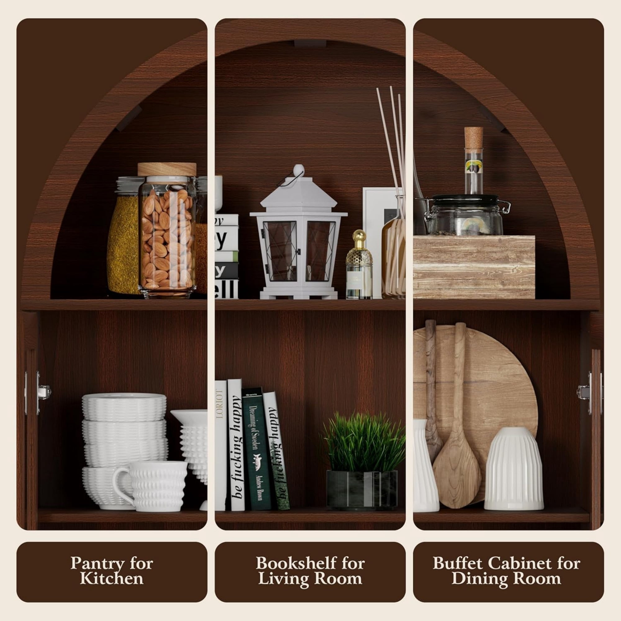71 Inch Arched Cabinet with Glass Sliding Doors, Fluted Tall Pantry Cabinet with Adjustable Shelves, Walnut