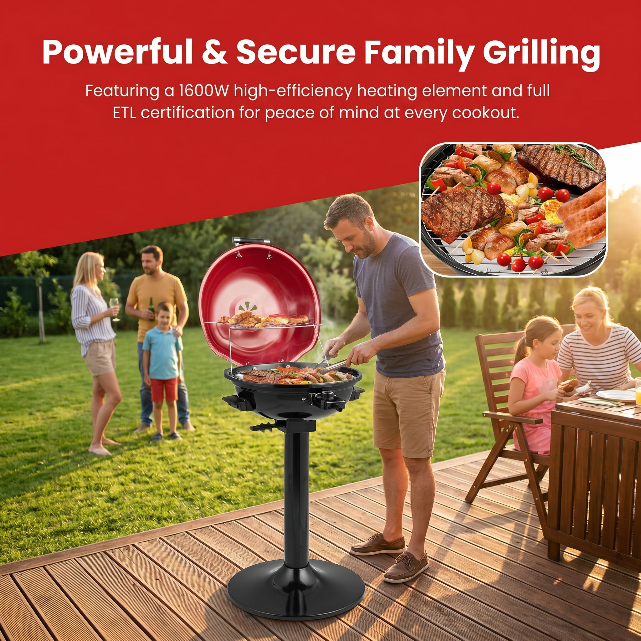 Resenkos Outdoor Patio Barbecue Cooker, Outdoor Grills,1600W Electric BBQ Grill with Removable Non-Stick Warming Rack-Red